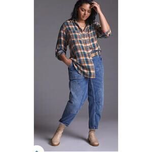 Anthropologie Pilcro Shirt Relaxed Plaid Buttondown Blouse Small Petite Blue